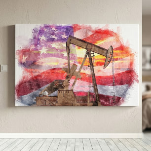 Patriotic Pumpjack at Sunset Pastel Drawing Art Canvas Print