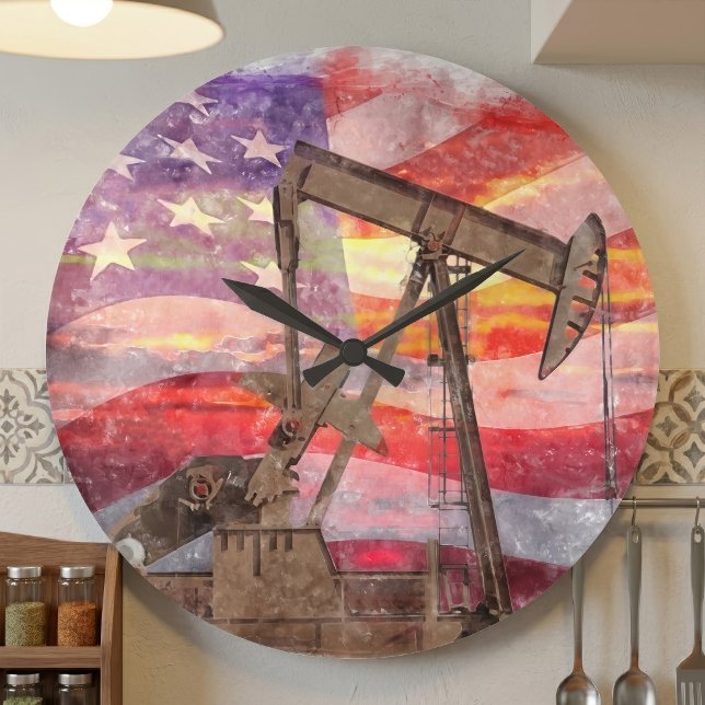 Patriotic Pumpjack at Sunset Pastel Drawing Art Large Clock (Patriotic Pumpjack at Sunset Pastel Drawing Art. Large Clock)