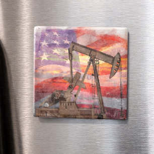 Patriotic Pumpjack at Sunset Pastel Drawing Art Magnet