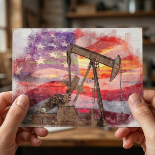 Patriotic Pumpjack at Sunset Pastel Drawing Art Postcard