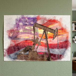 Patriotic Pumpjack at Sunset Pastel Drawing Art Poster