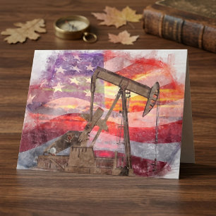 Patriotic Pumpjack at Sunset Pastel Drawing Art Thank You Card