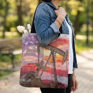 Patriotic Pumpjack at Sunset Pastel Drawing Art Tote Bag