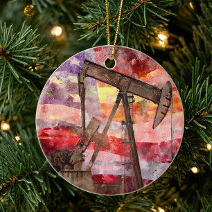 Patriotic Pumpjack Watercolor Sunset Art Ceramic Ornament