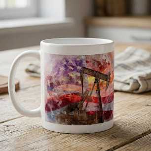 Patriotic Pumpjack Watercolor Sunset Art Coffee Mug