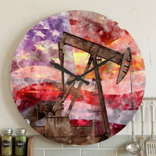 Patriotic Pumpjack Watercolor Sunset Art Large Clock