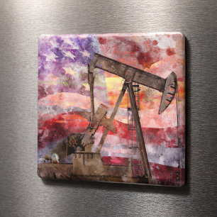 Patriotic Pumpjack Watercolor Sunset Art Magnet