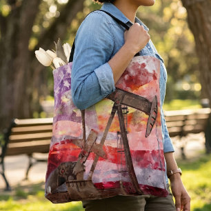 Patriotic Pumpjack Watercolor Sunset Art Tote Bag