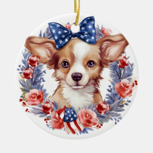 Patriotic Puppy 4th of July USA Independence Day Ceramic Ornament