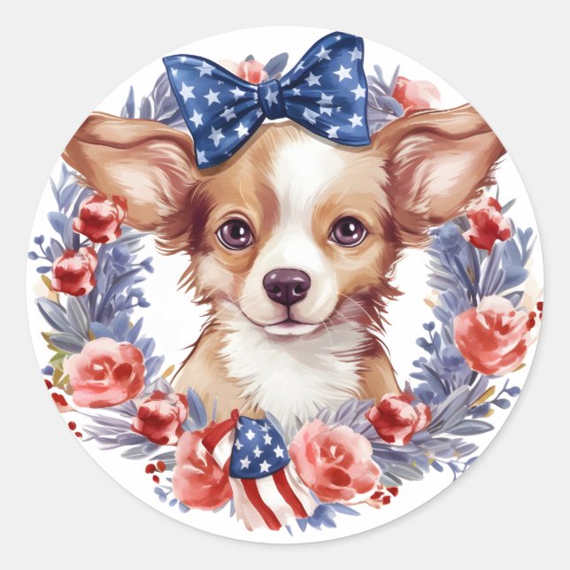 Patriotic Puppy 4th of July USA Independence Day Classic Round Sticker (Front)