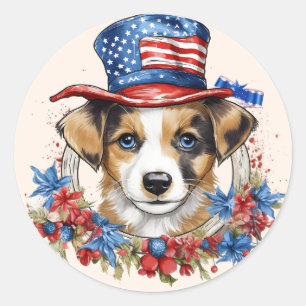 Patriotic Puppy 4th of July USA Independence Day Classic Round Sticker