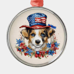 Patriotic Puppy 4th of July USA Independence Day Metal Ornament