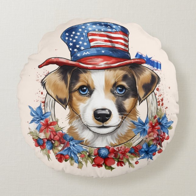 Patriotic Puppy 4th of July USA Independence Day Round Pillow (Front)