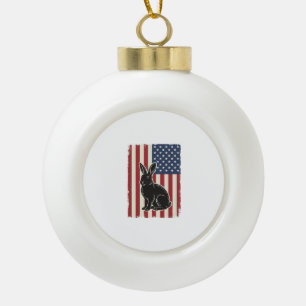 Patriotic Rabbit American Flag Vintage Engraving S Ceramic Ball Christmas Ornament