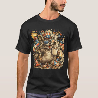 Patriotic Raccoon Coffee Fireworks 4th of July Tee