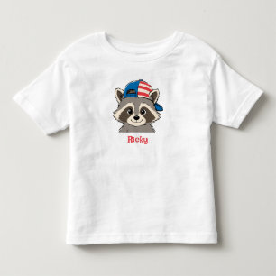 Patriotic Raccoon Red White Blue Cap Name Toddler  T-shirt