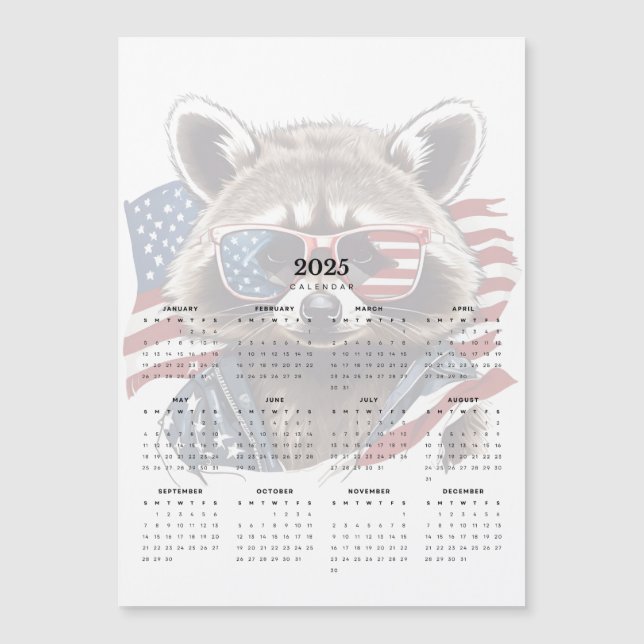 Patriotic Raccoon Red White Blue Magnetic Calendar (Front)