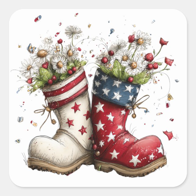 Patriotic Rain Boot Floral Art Square Sticker (Front)