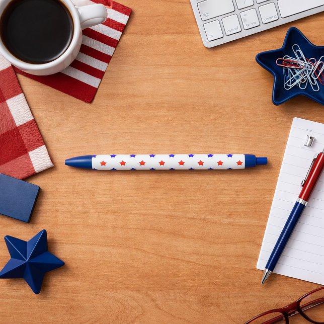 Patriotic Red and Blue Star Modern Pattern Black Ink Pen (A pen with a red and blue star pattern on a white background.)