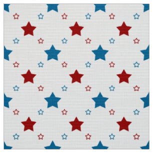 Patriotic Red and Blue Stars on White Background Fabric