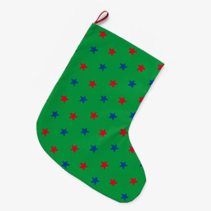 Patriotic red blue and green stars pattern large christmas stocking