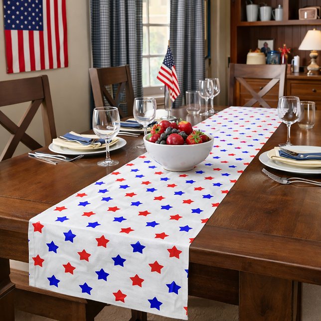 Patriotic Red Blue Star Pattern White Background Short Table Runner (A table runner with a red & blue star pattern on a white background.)