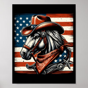 Patriotic Red Blue Usa Flag Retro Mustang Horse Poster