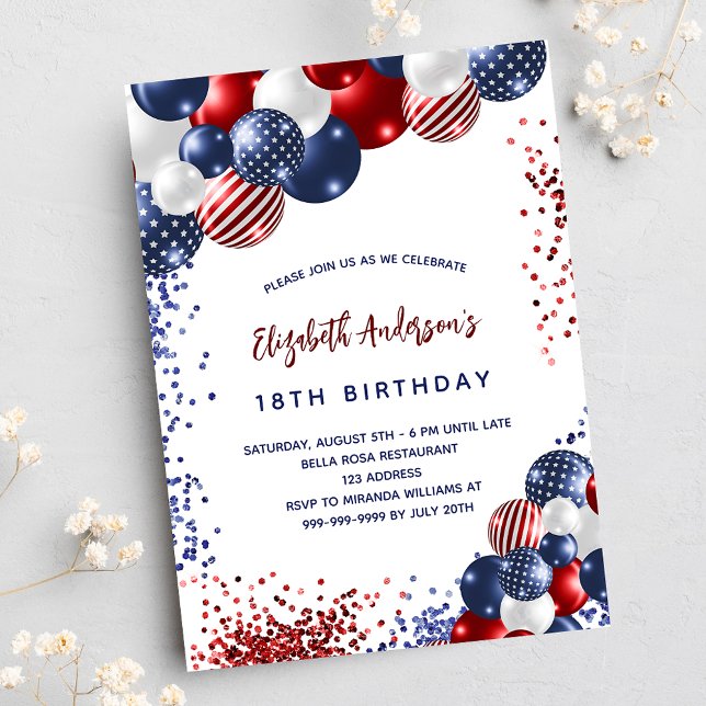 Patriotic red blue white balloons birthday party invitation (Creator Uploaded)