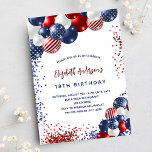 Patriotic red blue white balloons birthday party invitation postcard<br><div class="desc">A chic white background. Decorated with patriotic colored  balloons in red blue and white. Personalize and add a name and party details. The name is written with a hand lettered style script.</div>