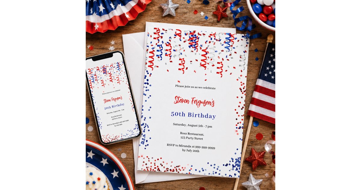 Patriotic red blue white confetti birthday party invitation | Zazzle