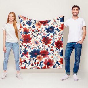 Patriotic Red Blue White Floral (10) Fleece Blanket
