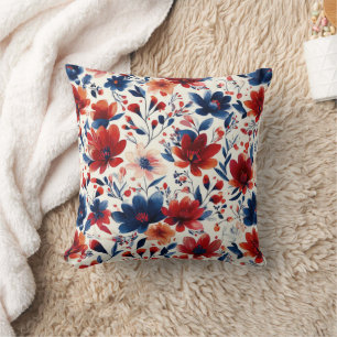 Patriotic Red Blue White Floral (10) Throw Pillow
