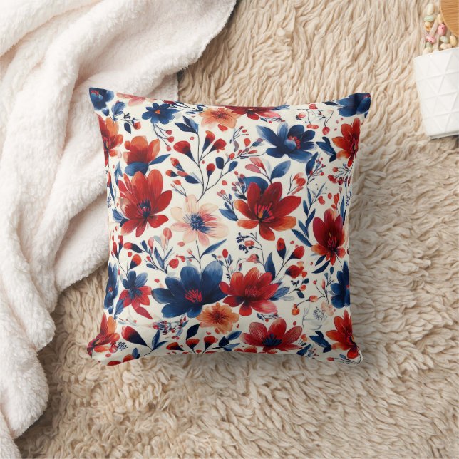Patriotic Red Blue White Floral (10) Throw Pillow (Blanket)