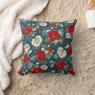 Patriotic Red Blue White Floral (11) Throw Pillow