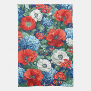 Patriotic Red Blue White Floral (1) Kitchen Towel