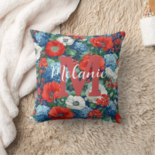 Patriotic Red Blue White Floral (1) Throw Pillow