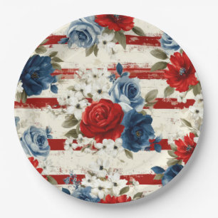 Patriotic Red Blue White Floral (2) Paper Plate