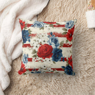 Patriotic Red Blue White Floral (2) Throw Pillow