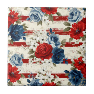 Patriotic Red Blue White Floral (2) Tile