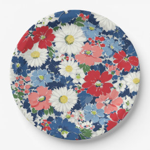 Patriotic Red Blue White Floral (3) Paper Plate
