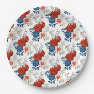 Patriotic Red Blue White Floral (4) Paper Plate