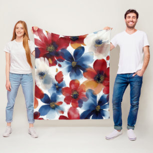Patriotic Red Blue White Floral (5) Fleece Blanket