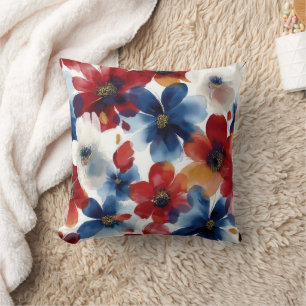 Patriotic Red Blue White Floral (5) Throw Pillow