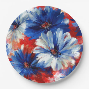 Patriotic Red Blue White Floral (6) Paper Plate