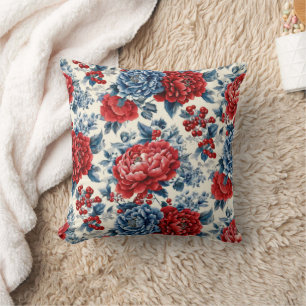 Patriotic Red Blue White Floral (7) Throw Pillow
