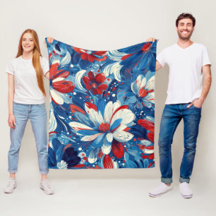 Patriotic Red Blue White Floral (8) Fleece Blanket
