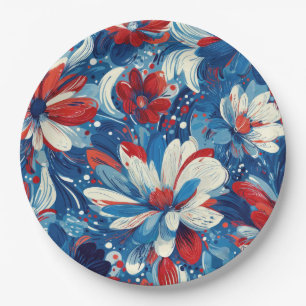 Patriotic Red Blue White Floral (8) Paper Plate