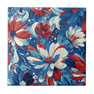 Patriotic Red Blue White Floral (8) Tile