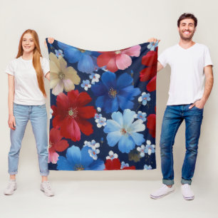 Patriotic Red Blue White Floral (9) Fleece Blanket