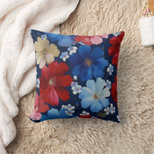 Patriotic Red Blue White Floral (9) Throw Pillow